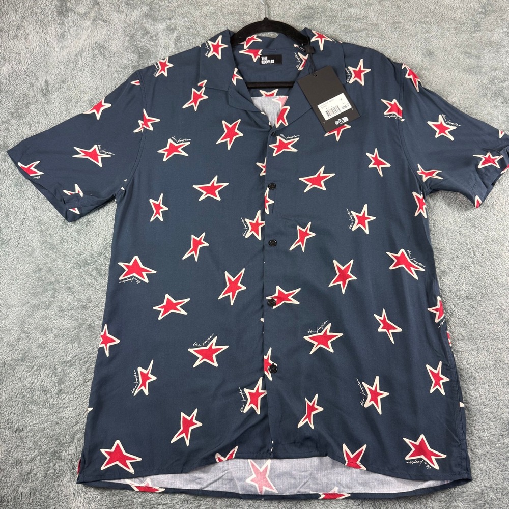 The Kooples Mens Navy Red Star Print Short Sleeve Button Up Shirt‎ Small